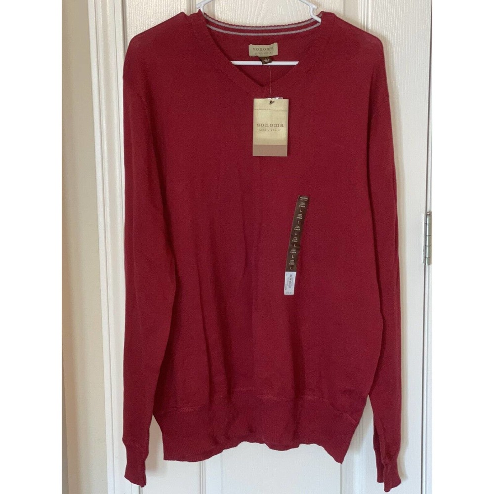 Men's Sonoma sweater size Large wine solid long sleeve cotton v-neck pullover